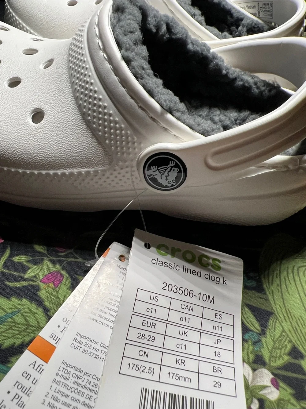 CROCS Kids Classic Clog with Gray Fleece Lining - White